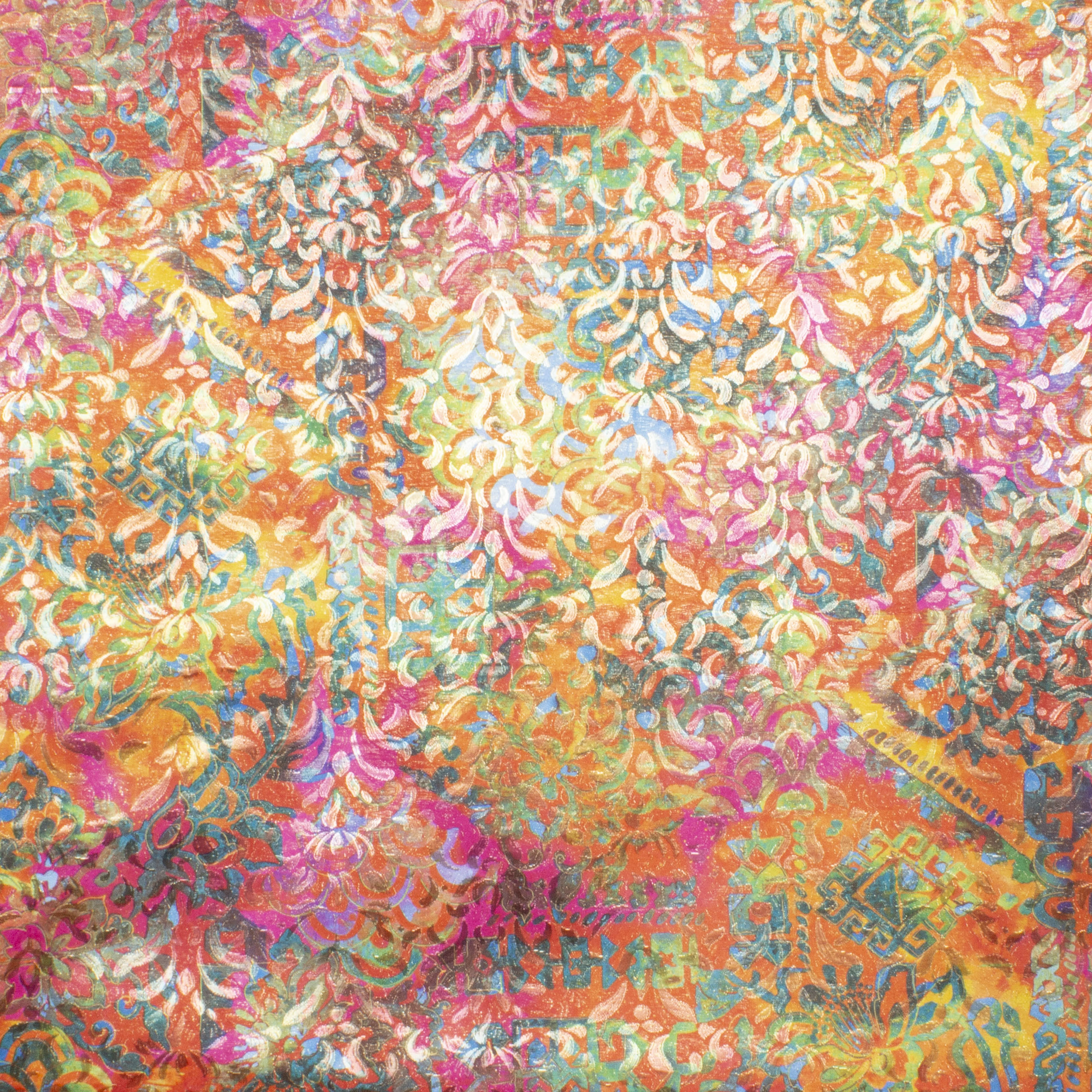 Multicolor polyester met exotisch motief en gouden glans